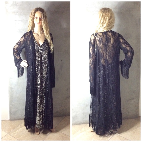 🍒BLACK ROBE FRINGE LACE MAXI CARDIGAN DUSTER LONG - Picture 4 of 6